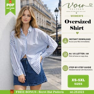 Patrón de costura para camisa holgada a rayas en PDF / Blusa holgada de manga larga con hombros caídos para mujer / Tutorial de blusa informal con descarga digital DIY