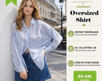 Striped Oversized Shirt Sewing Pattern PDF | Women’s Loose Fit Drop Shoulder Long Sleeve Top | DIY Digital Download Casual Blouse Tutorial
