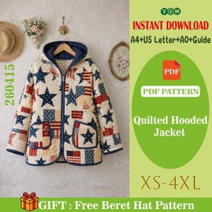 May include: A quilted hooded jacket with a cream background, featuring blue stars and red and blue flag patterns. The jacket has a hood, pockets, and a zipper closure. The image also includes text that says "INSTANT DOWNLOAD" and "PDF PATTERN".