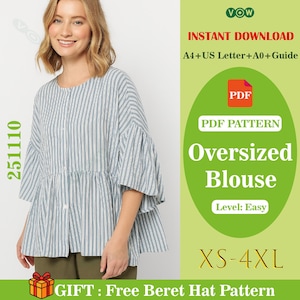 Op de afbeelding: Een blauw-wit gestreepte oversized blouse met ruchesmouwen. De afbeelding bevat de tekst "Oversized Blouse" en "XS-4XL". De afbeelding bevat ook de tekst "Instant Download" en "PDF Pattern".