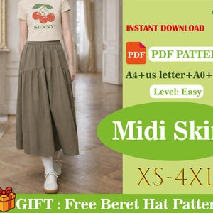 Könnte beinhalten: Eine Frau trägt einen khakifarbenen Midirock und ein cremefarbenes T-Shirt mit Kirschmuster. Das Bild enthält Text: "INSTANT DOWNLOAD", "PDF PDF PATTERN", "Midi Skirt" und "XS-4XL".