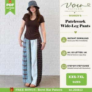 Puede incluir: Un patrón de costura digital para pantalones anchos de patchwork, que incluye una camiseta marrón, un sombrero de pescador de mezclilla azul y pantalones con paneles verticales de tela de cuadros azules, cuadros azul claro, rayas blancas y cuadros marrón oscuro.