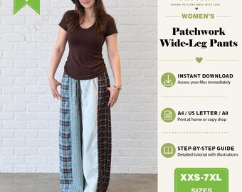 Patchwork Wide Leg Pants Sewing Pattern PDF, Women’s Color Block Trousers, Relaxed Pants, A0 A4 US Letter, Instant Download