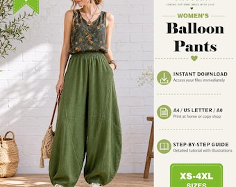 Patrón de costura en PDF para pantalones bombachos de mujer / Pantalones holgados tipo farol (descarga digital)