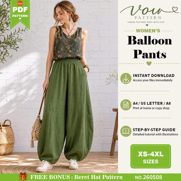 Women's Balloon Pants PDF Sewing Pattern | Loose Fit Lantern Trousers (Digital Download)