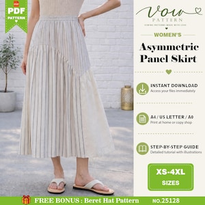 May include: A midi-length skirt featuring a vertical striped pattern on one side and a solid off-white panel on the other. The text on the right reads Vow Pattern, Asymmetric Panel Skirt, Instant Download, A4/US Letter/A0, Step-by-Step Guide, XS-4XL.