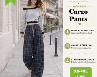 Pantaloni cargo a gamba larga da donna in formato PDF, pantaloni utility a quadri con elastico in vita, pantaloni streetwear dalla vestibilità comoda, download digitale