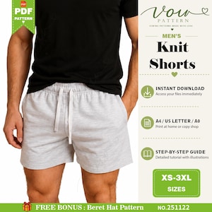 Mönster för stickade herrshorts i PDF-format, stretchiga shortsmönster, herrshorts i vardagsstil, digital nedladdning, A4 Letter A0