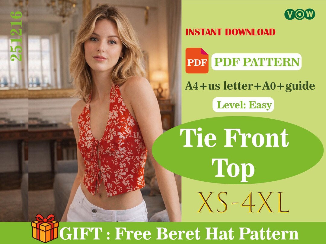 Front Tie Top PDF Sewing Pattern | Easy Tie Front Blouse | Beginner ...
