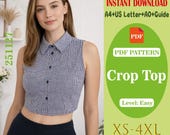 Women’s Cropped Top Sewing Pattern PDF, Sleeveless Button Down Top, Easy Beginner Sewing ,A0 pattern