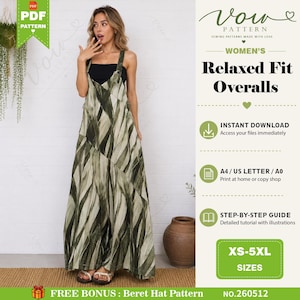 May include: A full-length jumpsuit featuring a dark green and cream abstract brushstroke pattern, wide legs, and shoulder straps. The garment is worn over a black sleeveless top. Text on the image includes Vow Pattern, Relaxed Fit Overalls, and XS-5XL.
