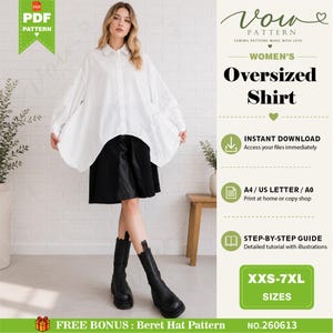 Op de afbeelding: Een digitaal naaipatroon voor een oversized wit overhemd met knoopsluiting, lange mouwen en een asymmetrische zoom. Het document bevat tekst voor directe download, A4, US Letter, A0-afdrukopties, een stapsgewijze handleiding en maten XXS-7XL.