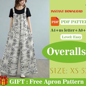 May include: A person wearing a black top and cream-coloured overalls with a black floral pattern. The image includes text that reads "Instant Download", "PDF PDF Pattern", "Overalls", and "Size: XS-5XL". A gift box graphic is also present.