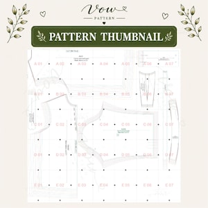 May include: A sewing pattern sheet labeled Vow Pattern and Pattern Thumbnail, featuring white paper with black outlines of garment pieces, including a front, back, and sleeve, organized by a grid of letters and numbers from A01 to E07.