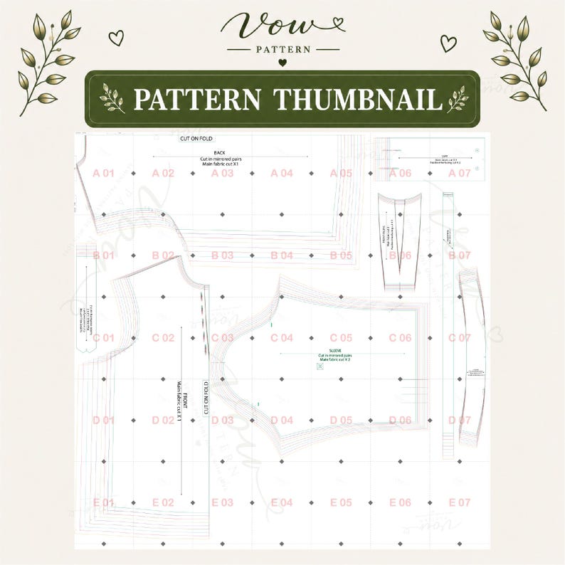 May include: A sewing pattern sheet labeled Vow Pattern and Pattern Thumbnail, featuring white paper with black outlines of garment pieces, including a front, back, and sleeve, organized by a grid of letters and numbers from A01 to E07.