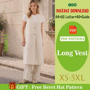 May include: A woman wearing a cream-colored long vest with two front pockets and button closures. The vest is paired with matching pants and a white t-shirt. The image includes text that says "Long Vest" and "XS-5XL".