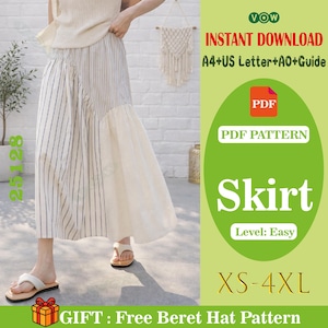 Peut inclure: Une jupe crème avec des rayures noires verticales et un panneau crème uni. La jupe fait partie d'un patron PDF, intitulé "Jupe" avec un niveau "Facile", et disponible en tailles XS-4XL. L'image comprend également le texte "Téléchargement instantané".