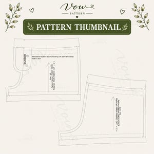 Puede incluir: Una miniatura de patr&oacute;n de costura para pantalones cortos con una pieza delantera con ubicaci&oacute;n de bot&oacute;n y una pieza trasera. El texto incluye Vow Pattern, Pattern Thumbnail, Size XS, Main Fabric Cut 2 y el&aacute;stico 62cm por 2.5cm.