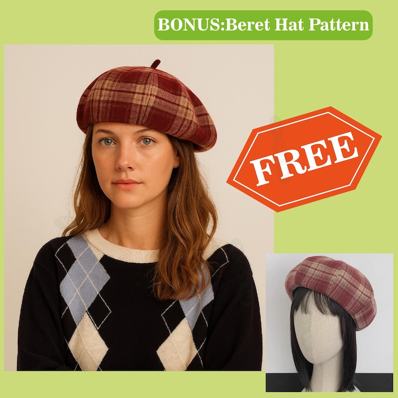 May include: A burgundy and tan plaid beret hat. The beret is worn by a person wearing a black sweater with a blue and white argyle pattern. The image includes the text "BONUS: Beret Hat Pattern" and a red octagon with the word "FREE".