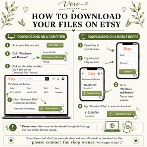 Puede incluir: Una infograf&iacute;a instructiva titulada How to Download Your Files on Etsy, con texto verde y detalles bot&aacute;nicos. Proporciona gu&iacute;as paso a paso para descargar archivos en una computadora y un dispositivo m&oacute;vil, incluyendo iconos y etiquetas de botones.