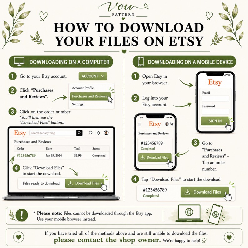 Puede incluir: Una infograf&iacute;a instructiva titulada How to Download Your Files on Etsy, con texto verde y detalles bot&aacute;nicos. Proporciona gu&iacute;as paso a paso para descargar archivos en una computadora y un dispositivo m&oacute;vil, incluyendo iconos y etiquetas de botones.