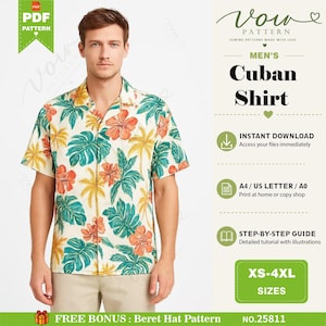 May include: A short-sleeve button-down shirt with a cream base featuring a tropical print of orange hibiscus flowers and green palm leaves. The text on the image includes Vow Pattern, Cuban Shirt, Instant Download, A4/US Letter/A0, and XS-4XL.