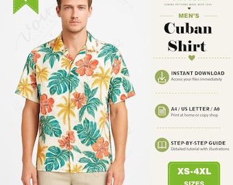 Cubaanse kraagshirt heren naaipatroon pdf, relaxte pasvorm met korte mouw, vintage stijl kampkraagtop, casual shirt zomer