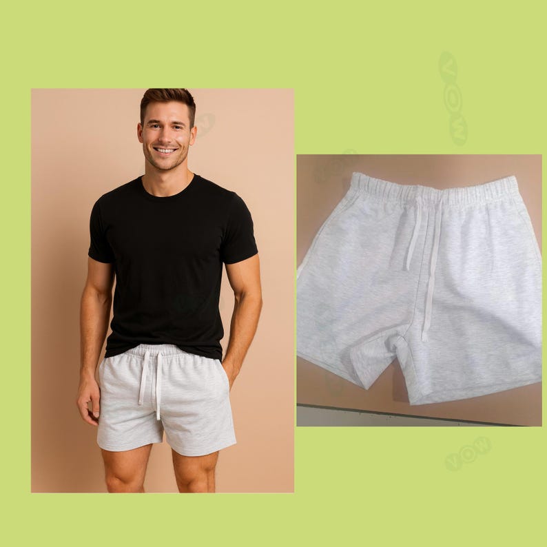 May include: A black short-sleeved t-shirt and light gray heathered shorts with an elastic waistband and white drawstring. The shorts feature a simple, casual design with a visible texture in the fabric, presented in a clean, straightforward style.