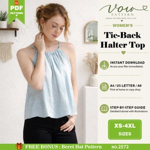 May include: A light blue sleeveless halter top with a gathered neckline and tie-back closure. The image includes text for a Vow Pattern sewing project, specifying sizes XS-4XL, instant download, and A4, US Letter, or A0 printing formats.