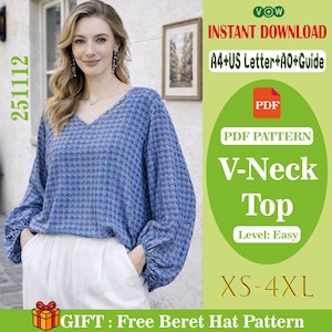 V-neck Blouse Sewing Pattern PDF, Women’s Loose Fit Top, Long Sleeve Easy Blouse, Digital Download, A4 A0 US Letter, Beginner Friendly