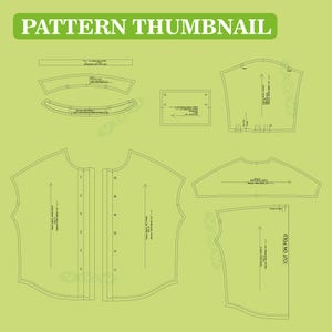 Peut inclure: Miniature de patron vert avec le texte "PATTERN THUMBNAIL" en haut. L'image montre diverses pi&egrave;ces de patron dans un style de dessin au trait, dont un col, un corsage et des pi&egrave;ces de manche. Des fl&egrave;ches et du texte indiquent les instructions de coupe et de pliage.