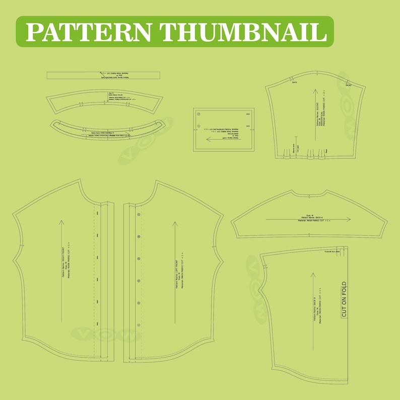 Peut inclure: Miniature de patron vert avec le texte "PATTERN THUMBNAIL" en haut. L'image montre diverses pi&egrave;ces de patron dans un style de dessin au trait, dont un col, un corsage et des pi&egrave;ces de manche. Des fl&egrave;ches et du texte indiquent les instructions de coupe et de pliage.