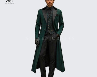 Costume 3 pièces vert émeraude pour homme, trench-coat long, costume de mariage gothique victorien, smoking de marié, style Peaky Blinders, sur mesure
