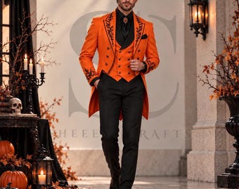 Men’s Pumpkin Theme Halloween Suit, Orange Halloween Victorian Tailcoat, Gothic Halloween Costume, Embroidered Tailcoat, Custom Groom Suit