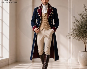 Mens Regency Tailcoat Suit Bridgerton Prince Charming Costume Custom Royal Navy Blue Frock Coat Victorian Tailcoat Gold Embroidered Suit