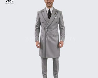 Traje largo victoriano gris claro de lujo / Traje formal de boda de novio cruzado / Abrigo de mañana gótico regencia para hombre / Frac a medida