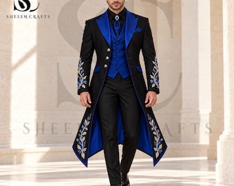 Men's Royal Blue Victorian Tailcoat Suit, Black Embroidered Gothic Wedding Suit, Regency Groom Outfit, Custom Three Piece Formal Suit