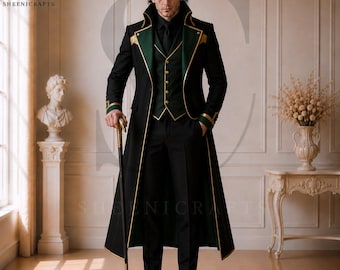 Loki Inspired Suit for Men, Black Green Gothic Long Coat, Gold Trim Victorian Halloween Outfit, Villain Cosplay Costume, Marvel Insired suit