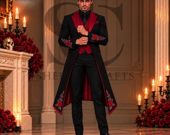Men’s Black & Burgundy Gothic Halloween Tailcoat Suit | Vampire Costume | Victorian Inspired Embroidered Long Coat | Custom 3-Piece Outfit