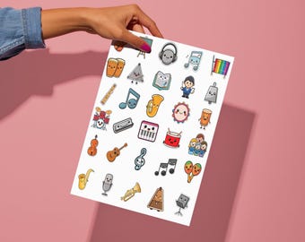 Kawaii Music Teacher Stickers | Instrument | Drums | Planner Scrapbook Clipart SVG PNG Vector Cricut Silhouette Printable Digital Download