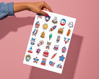 Cute Kawaii Fourth of July Stickers Pack | Printable Digital Download | USA Patriotic Fireworks Clipart PNG for Planner, Scrapbook, Journal