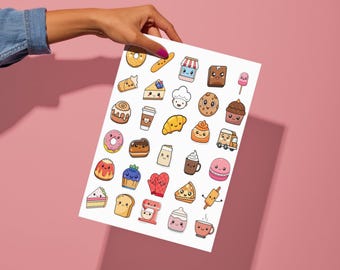 Cute Kawaii Bakery Stickers Pack | Printable Digital Download | Pastry Dessert Cupcake Clipart PNG for Planner, Scrapbook, Journal
