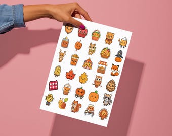 Cute Kawaii Fall Stickers Pack | Printable Digital Download | Autumn Leaves Pumpkin Clipart PNG for Planner, Scrapbook, Journal