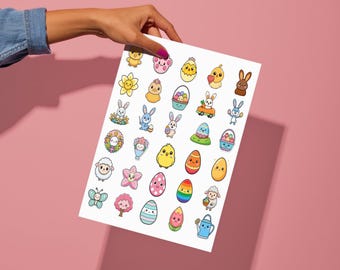 Cute Kawaii Easter Stickers Pack | Printable Digital Download | Bunny Egg Spring Clipart PNG for Planner, Scrapbook, Journal
