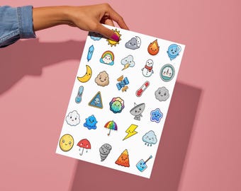 Kawaii Weather Stickers | Rainbow | Sun | Cloud Storm Planner Scrapbook Clipart SVG PNG Vector Cricut Silhouette Printable Digital Download