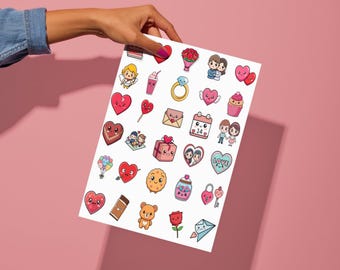 Kawaii Valentines Stickers | Heart | Love Letter Planner Scrapbook Clipart SVG PNG Vector Cricut Silhouette Printable Digital Download