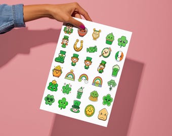 Cute Kawaii St. Patrick’s Day Stickers Pack | Printable Digital Download | Clover Rainbow Gold Clipart PNG for Planner, Scrapbook, Journal