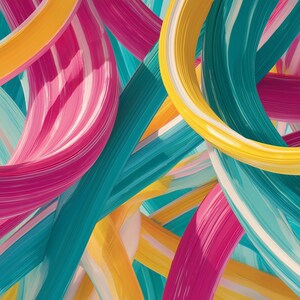 May include: Abstract artwork featuring overlapping, curved ribbons in vibrant colors. The ribbons are primarily yellow, pink, and teal, creating a dynamic and colorful composition. The image has a modern, artistic feel.