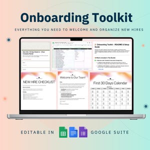 May include: A laptop displays an "Onboarding Toolkit" with the text "Everything You Need to Welcome and Organize New Hires." The screen shows checklists, calendars, and guides. The bottom of the screen says "Editable in Google Suite."