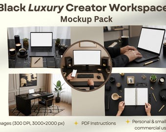 Black Luxury Workspace Mockups | 25 High-Res Stock Photos | Creator Mockup Pack